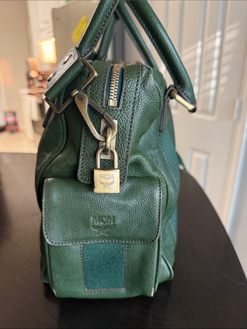 MCM Dark Green Leather Satchel with Removable Canvas Strap - Picture 8 of 16